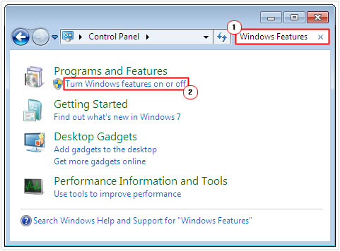 control panel -> windows features -> Turn Windows Features on or off