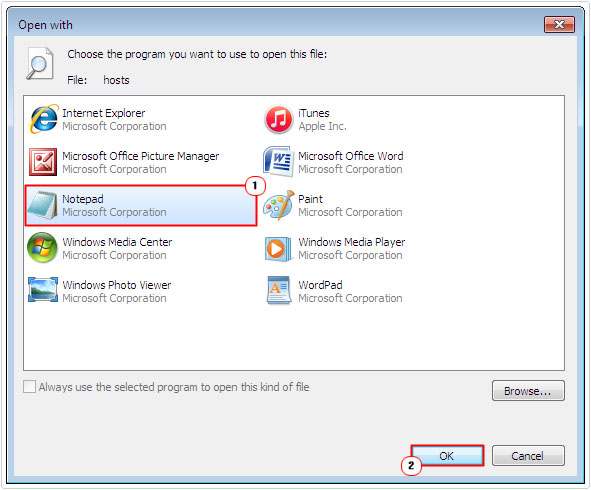 open hosts file using notepad