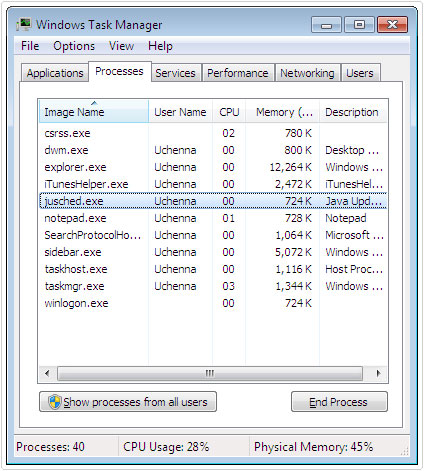 task manager -> processes -> Jusched.exe