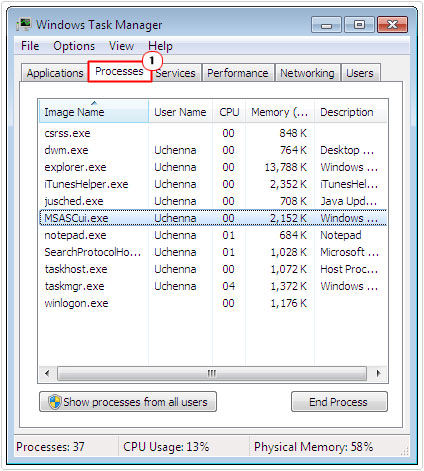 windows task manager -> processes