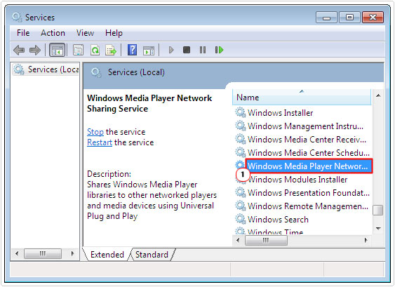 services -> Windows Media Player Network Sharing Service
