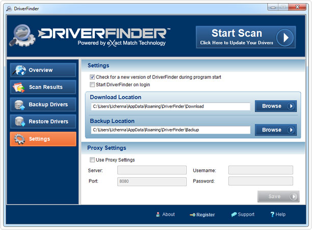 driverfinder review settings page