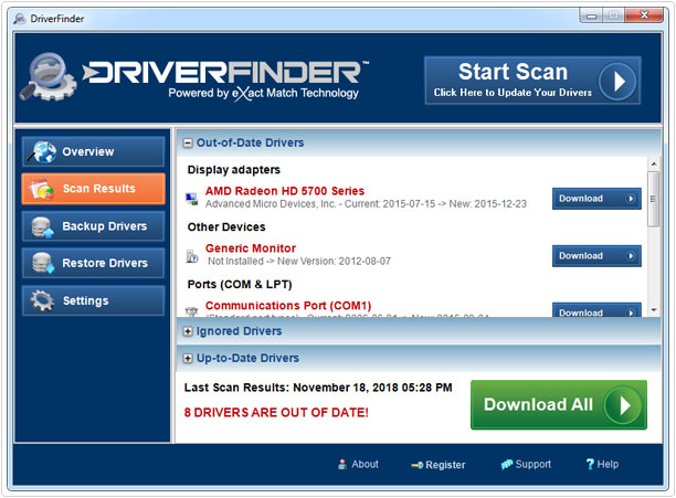 drivierfinder -> first scan -> result