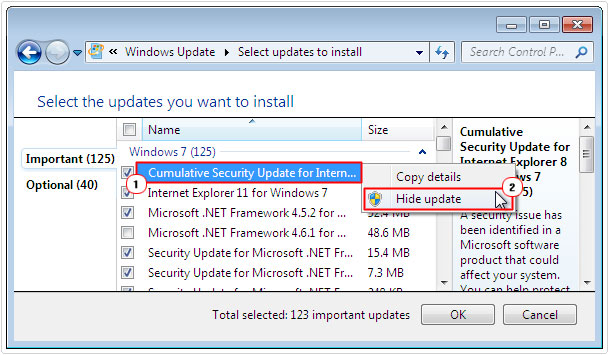 select update -> hide update