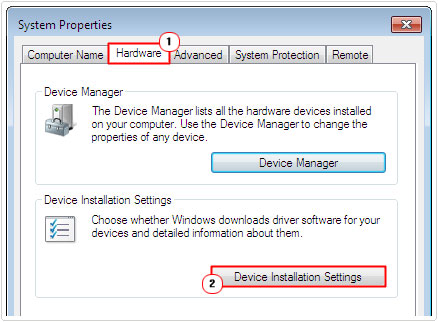 hardware tab -> Device Installation Settings