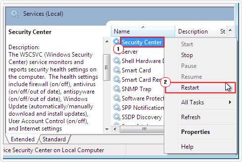 services -> Security Center -> restart