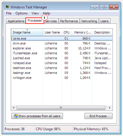 open task manager click on processes