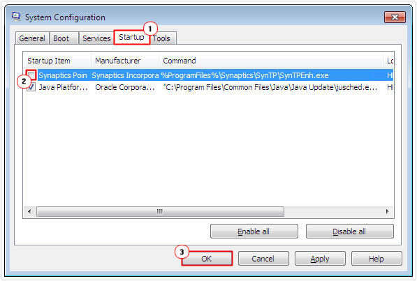 msconfig -> SynTPEnh.exe -> ok