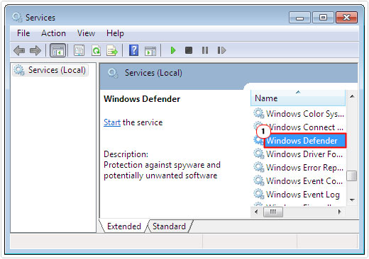 open windows defender using services