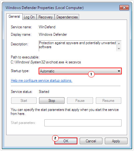 set startup type to automatic in windows defender service for 0x800106ba error