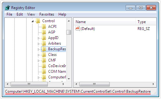 registry editor -> BackupRestore directory