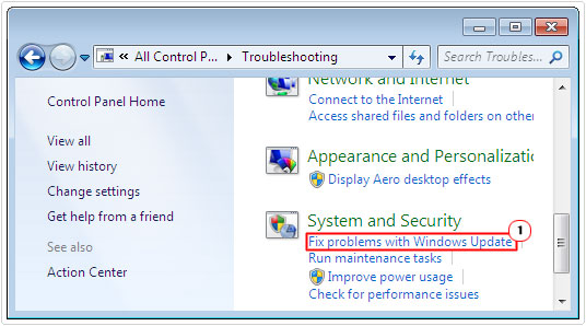 troubleshooting -> Fix problems with Windows Update