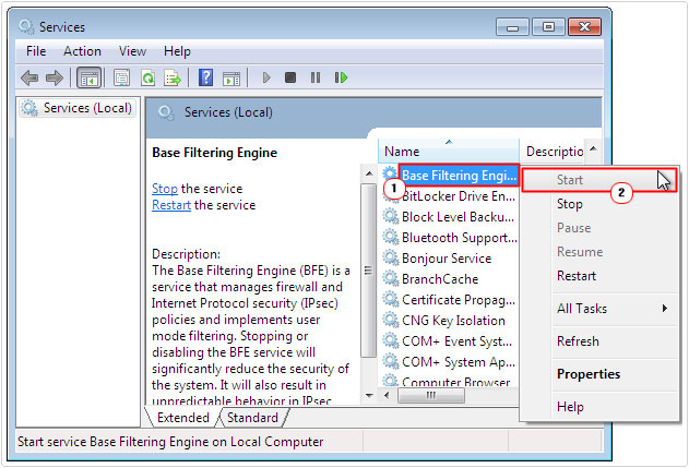 services -> Base Filtering Engine -> start