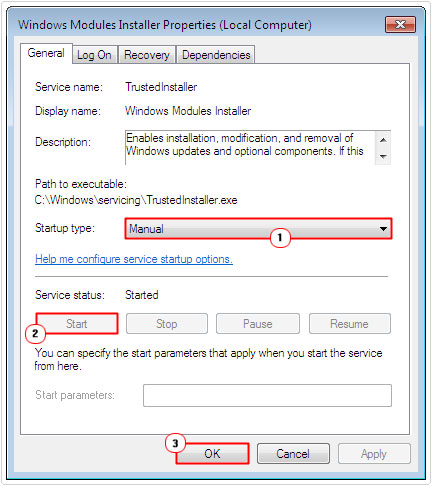 startup type set to manual and start Windows Module Installer service