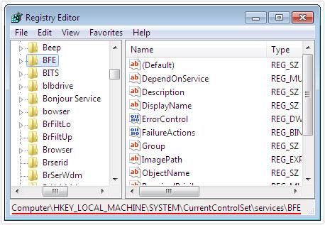 registry editor -> BFE path