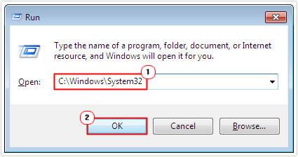 navigate to system32 folder via run command box