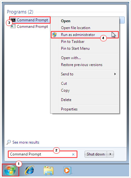 start -> command prompt (admin)