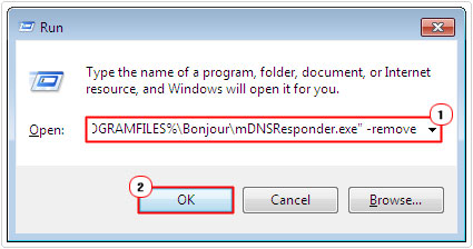 run command -> mDNSResponder.exe -> remove