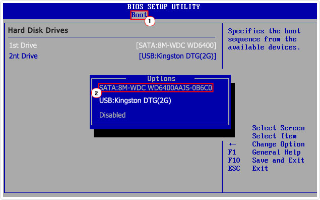 bios -> boot order -> hd