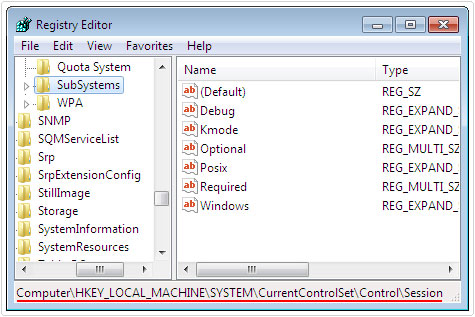 regedit -> HKEY_LOCAL_MACHINE\System\CurrentControlSet\Control\Session Manager\SubSystems