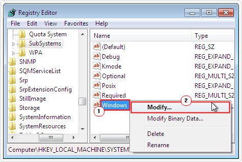 regedit -> windows -> modify