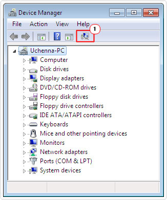 click on scan for hardware button in device manager