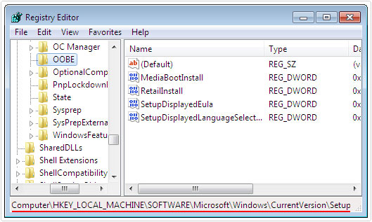 regedit -> HKEY_LOCAL_MACHINE/Software/Microsoft/Windows/CurrentVersion/setup/OOBE/
