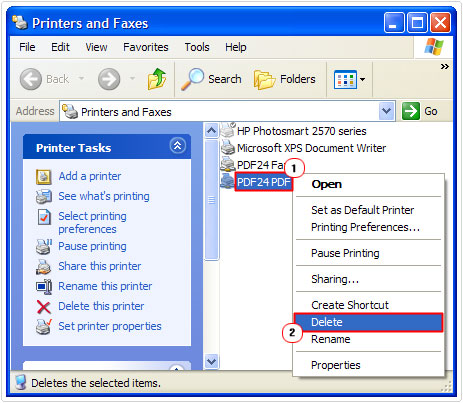 printer folder -> delete printer