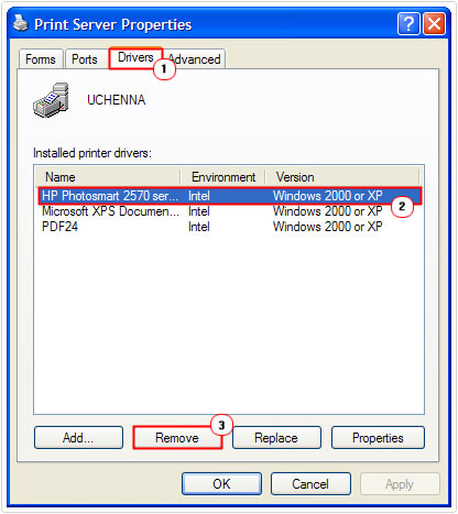 Installed printer drivers select and delete
