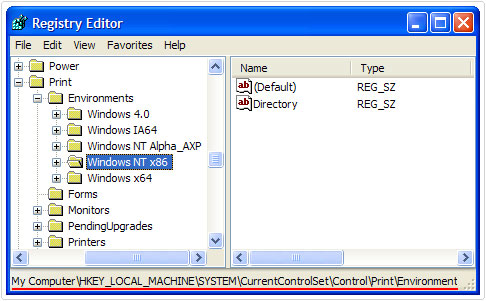 registry editor -> HKEY_LOCAL_MACHINE\SYSTEM\CurrentControlSet\Control\Print\Environment\Windows NT x86