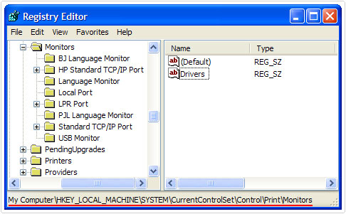 registry editor HKEY_LOCAL_MACHINE\SYSTEM\CurrentControlSet\Control\Print\Monitors