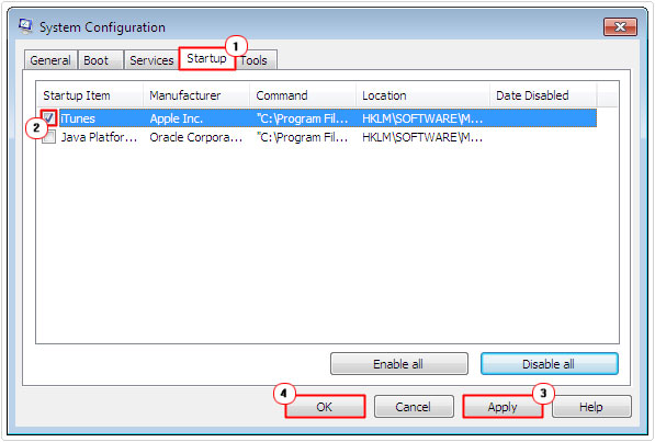 msconfig -> enable program to fix Runtime Error 217