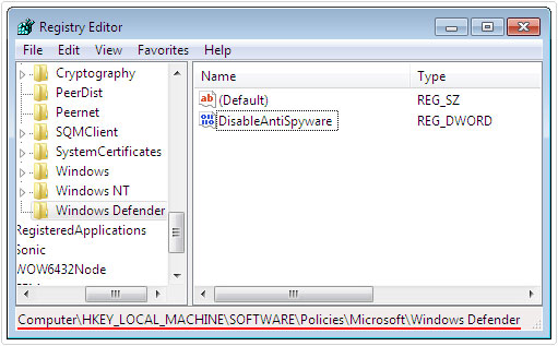 regedit -> HKEY_LOCAL_MACHINE\SOFTWARE\Policies\Microsoft\Windows Defender