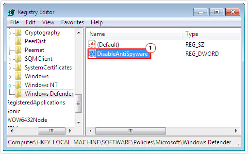 regedit -> double click on DisableAntiSpyware