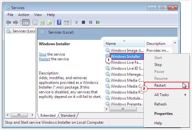 services -> windows installer -> restart