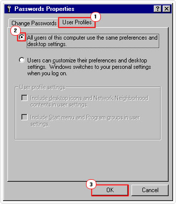 password properties -> All users of this computer use the same preferences and desktop settings