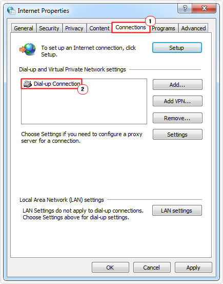 internet options -> dial up connection