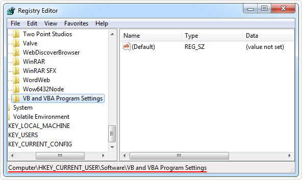 regedit -> VB and VBA Program Settings folder