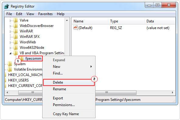 fix runtime error 5 by deleting fpecomm key