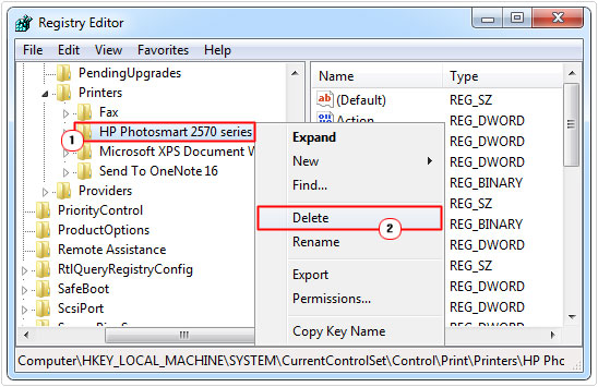 select and remove a printer driver from registry