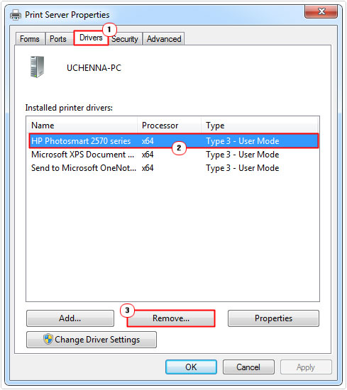 Print Server Properties -> drivers -> remove drivers