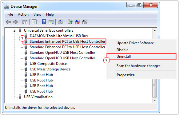 device manaer -> usb controllers -> uninstall