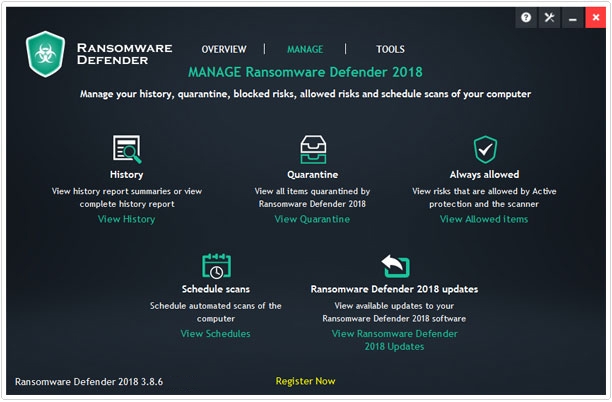 Ransomware Defender Review -> manage