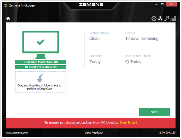 Zemana AntiLogger -> main interface screen 