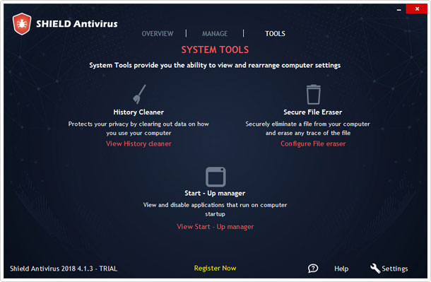 tools section of shield antivirus