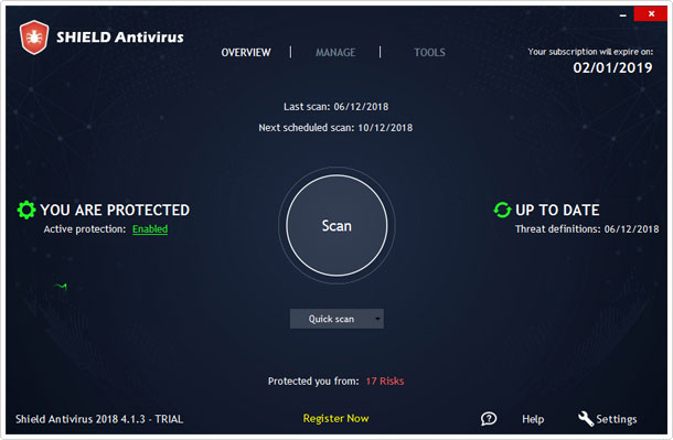 main screen of shield antivirus