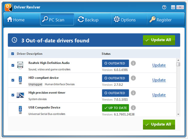 driver update options in driver reviver
