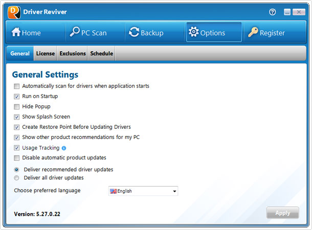 option screen in driver reviver