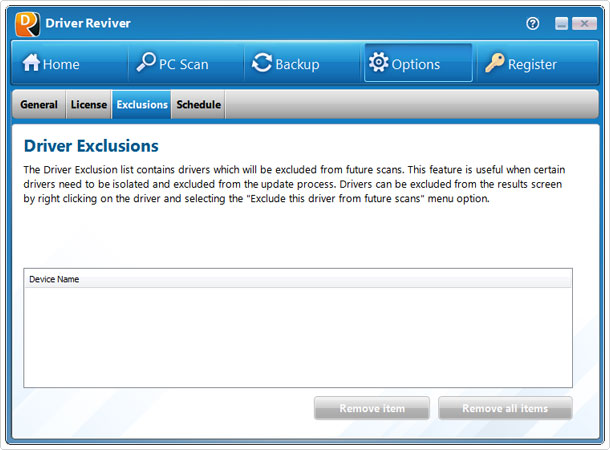 driver exclusion tab in driver reviver