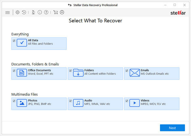 choosing file type search parameters in stellar data recovery professional